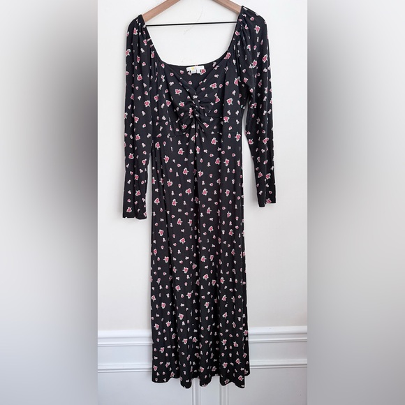 Boden Sweetheart Jersey Midi Dress Black Rose Pop Floral long sleeve Size 12 - Picture 4 of 9